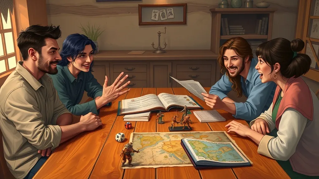 A diverse group of players around a table, actively engaged in storytelling