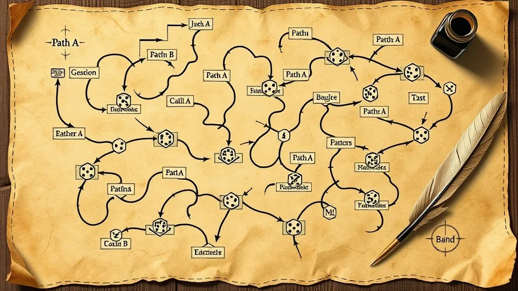 A flowchart-style adventure map with multiple branching paths and player choice points