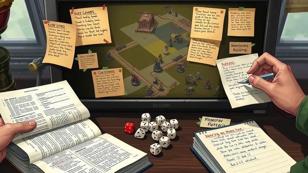 A GM screen with dice, rulebooks, and quick reference notes, suggesting flexible but informed decision-making
